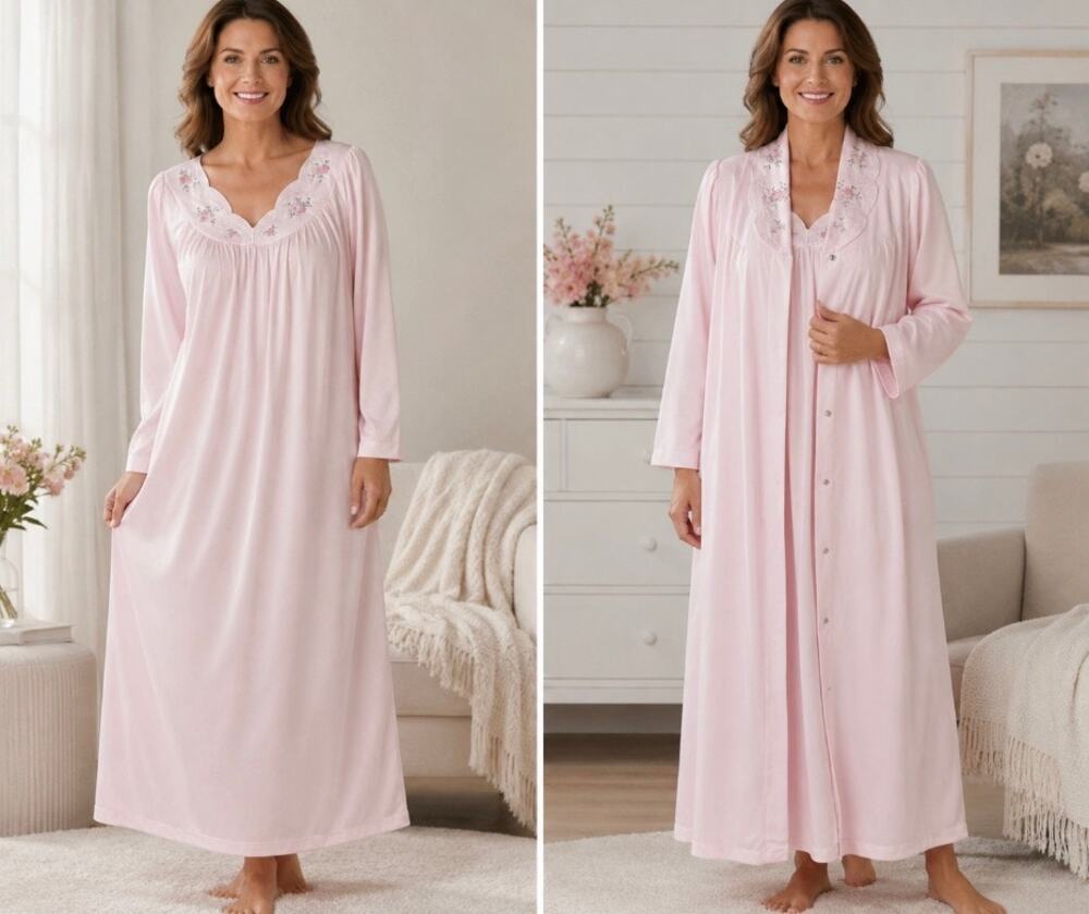 Vintage Shadowline Nightgown Robe Set Women's Medium Soft Pink  Full Length USA